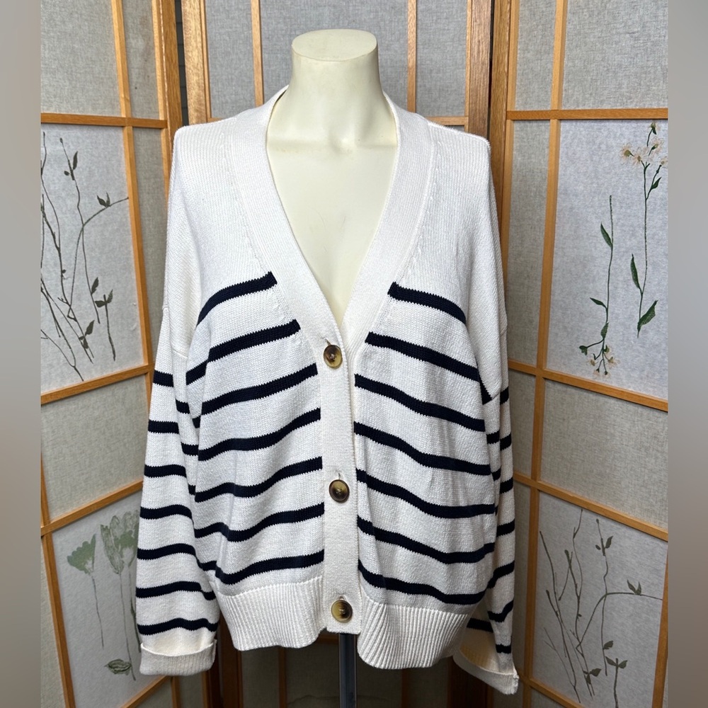 Ann Taylor LOFT Cream and black Striped V-neck Cardigan Size L